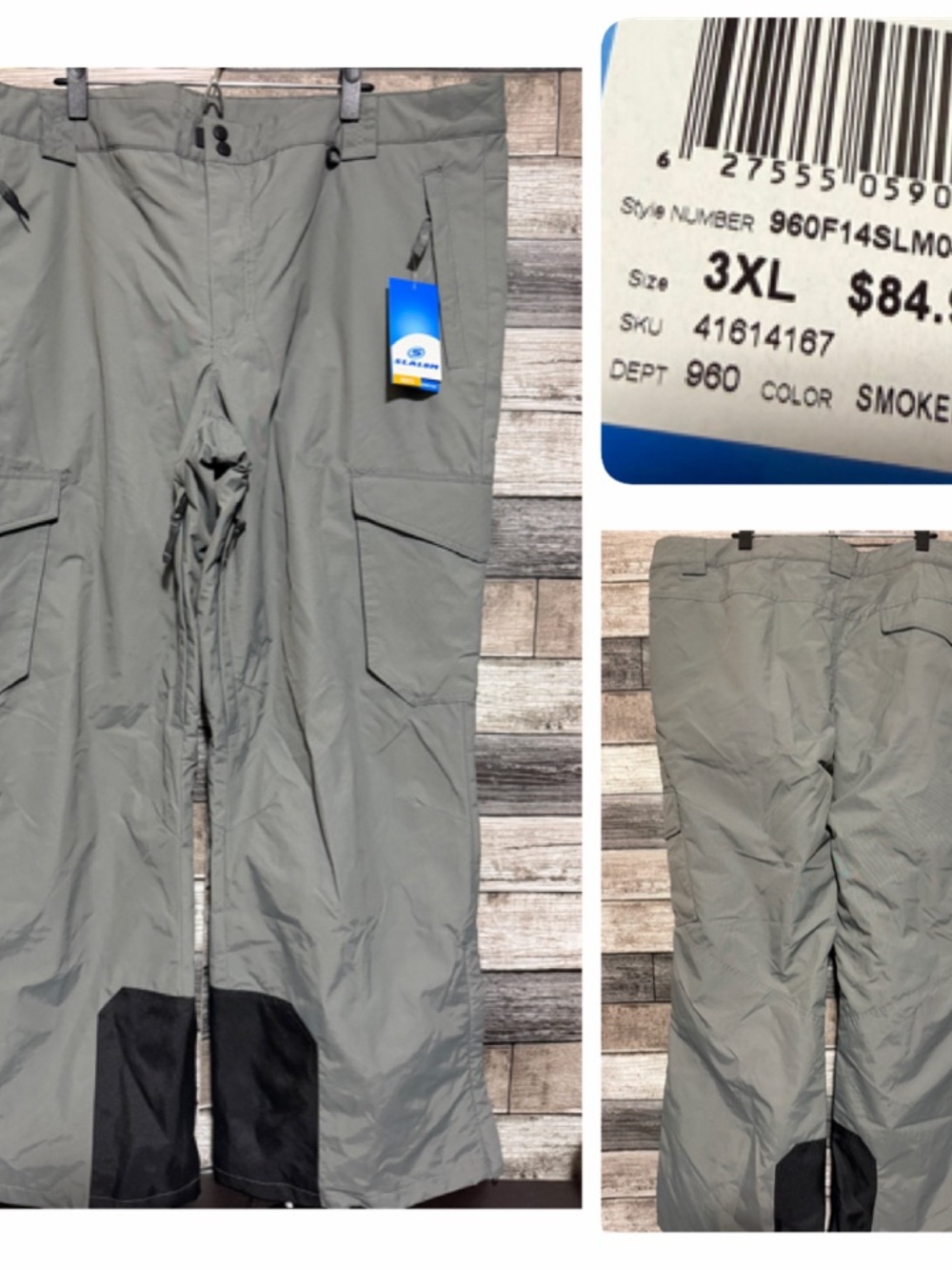 Slalom Insulated Snow Pants Cargo Ski Snowboard Men’s 3XL Gray (Inseam 32)